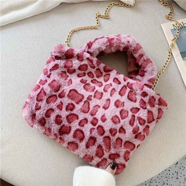 Winter new fashion shoulder bag female leopard female bag chain large plush winter handbag Messenger bag soft warm fur bag