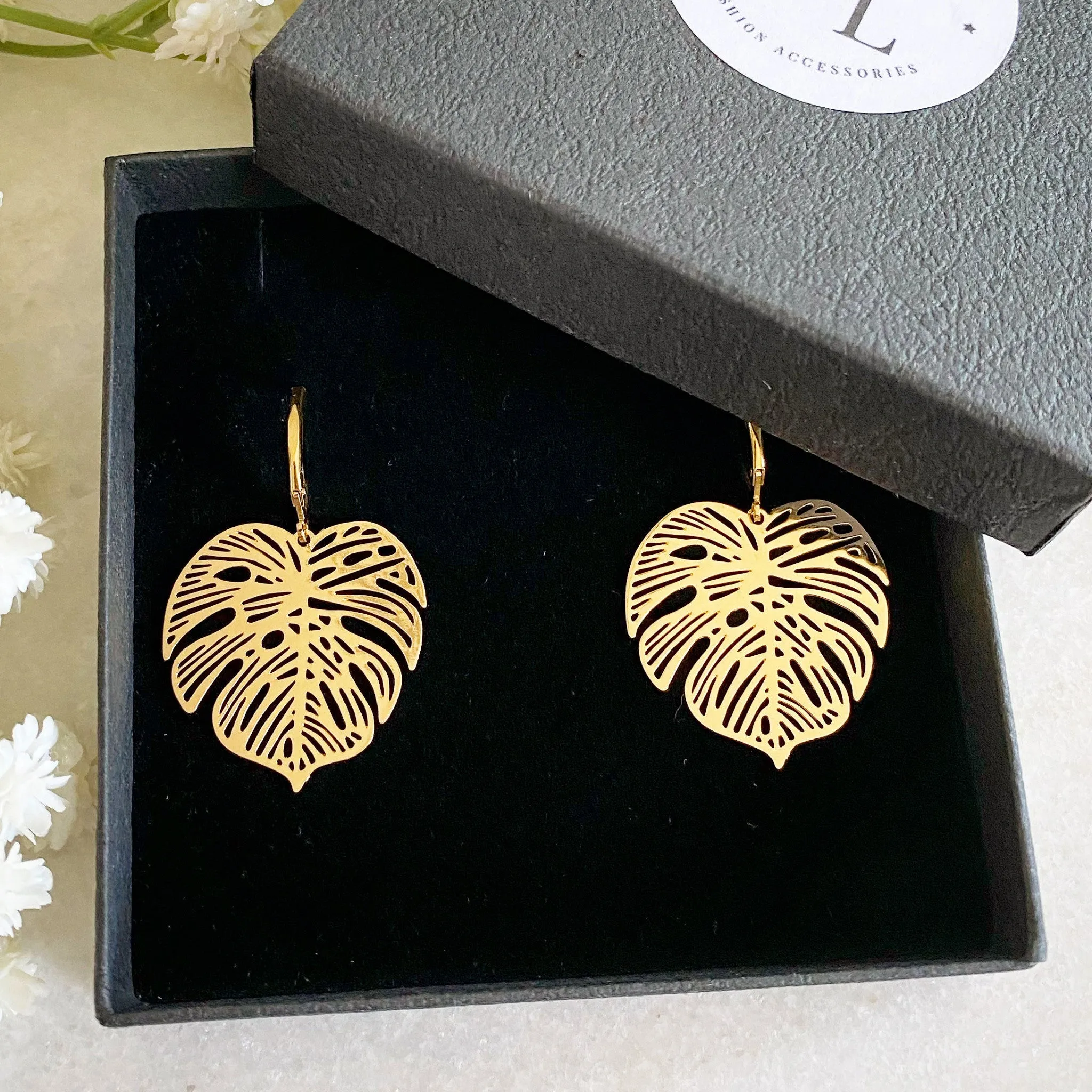 Wisteria London Gold Monstera Drop Earrings