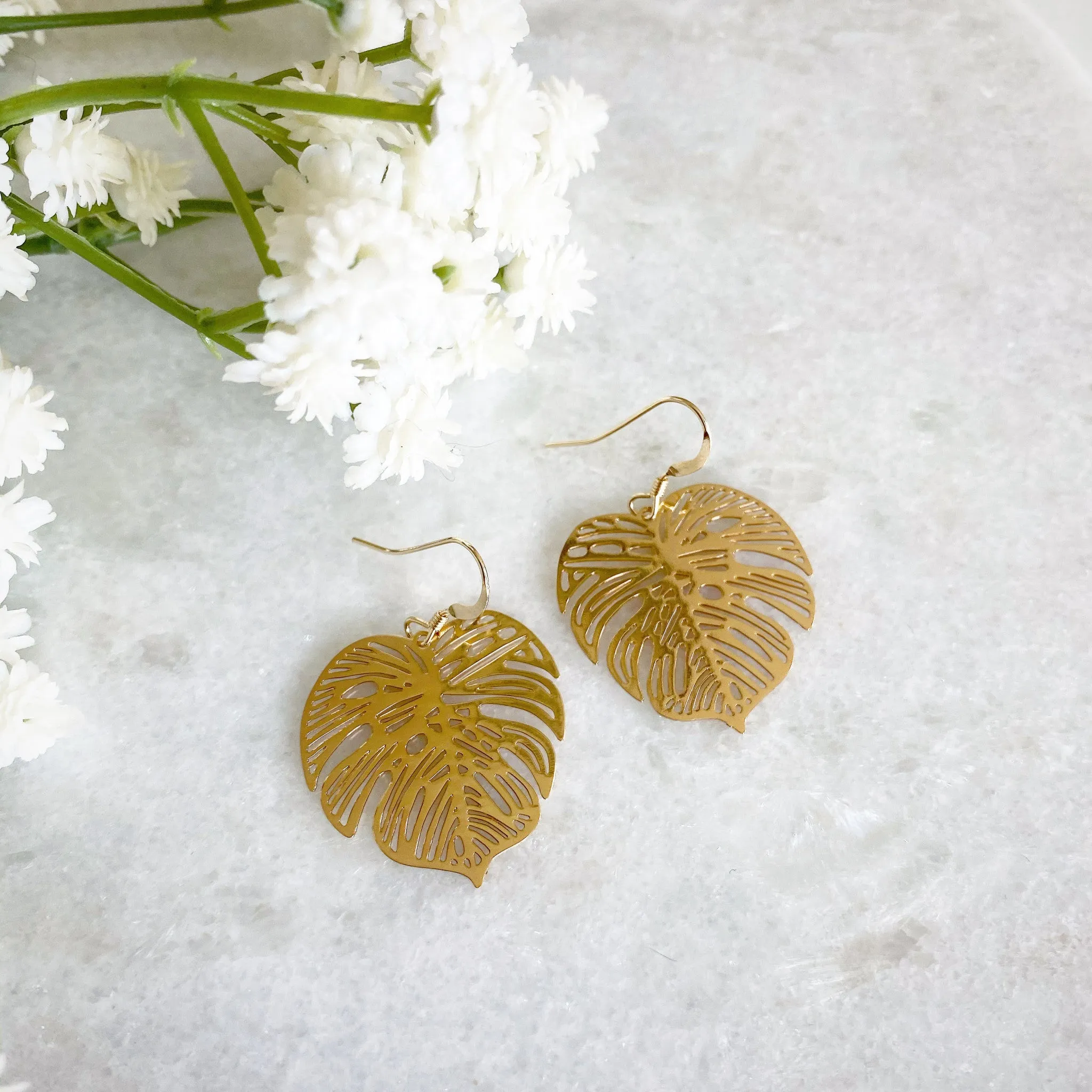 Wisteria London Gold Monstera Drop Earrings