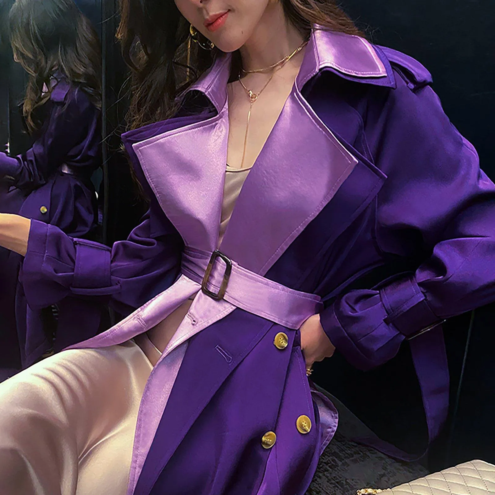 Women Purple Satin Double Breasted Long Trench Coat