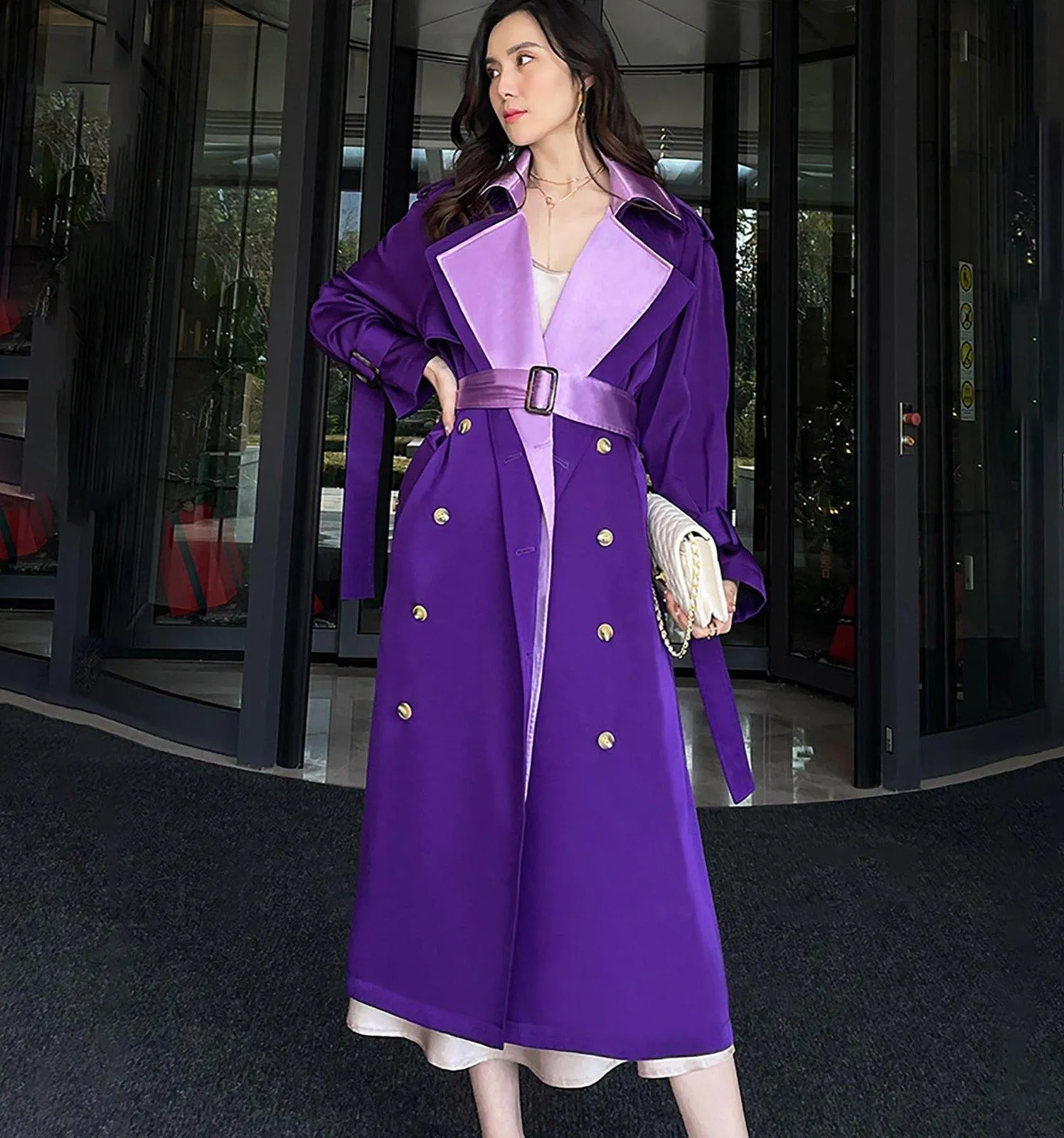 Women Purple Satin Double Breasted Long Trench Coat