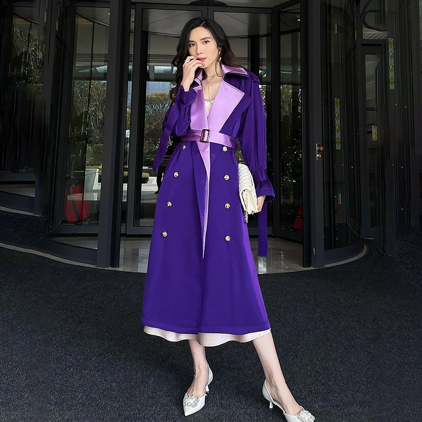 Women Purple Satin Double Breasted Long Trench Coat