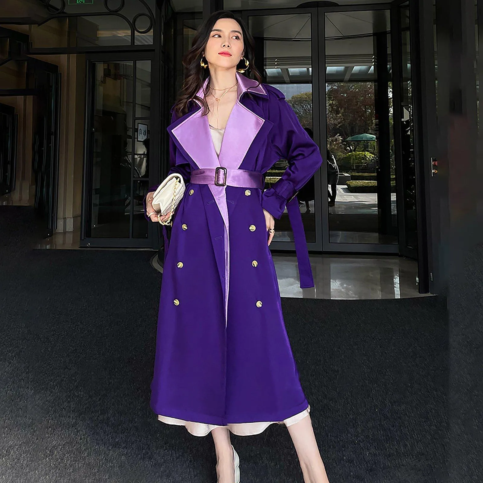 Women Purple Satin Double Breasted Long Trench Coat