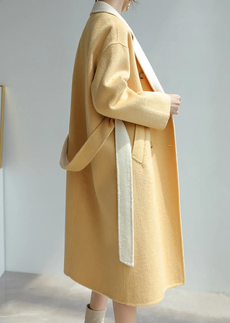 Women Yellow Double-sided wool coat winter light luxury Double Breasted Long Length Woolen coat Fall Wool Blend Coat Overcoat Outerwear