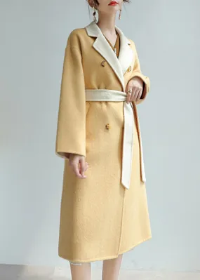 Women Yellow Double-sided wool coat winter light luxury Double Breasted Long Length Woolen coat Fall Wool Blend Coat Overcoat Outerwear