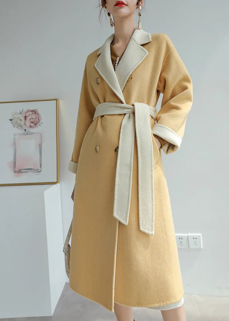 Women Yellow Double-sided wool coat winter light luxury Double Breasted Long Length Woolen coat Fall Wool Blend Coat Overcoat Outerwear