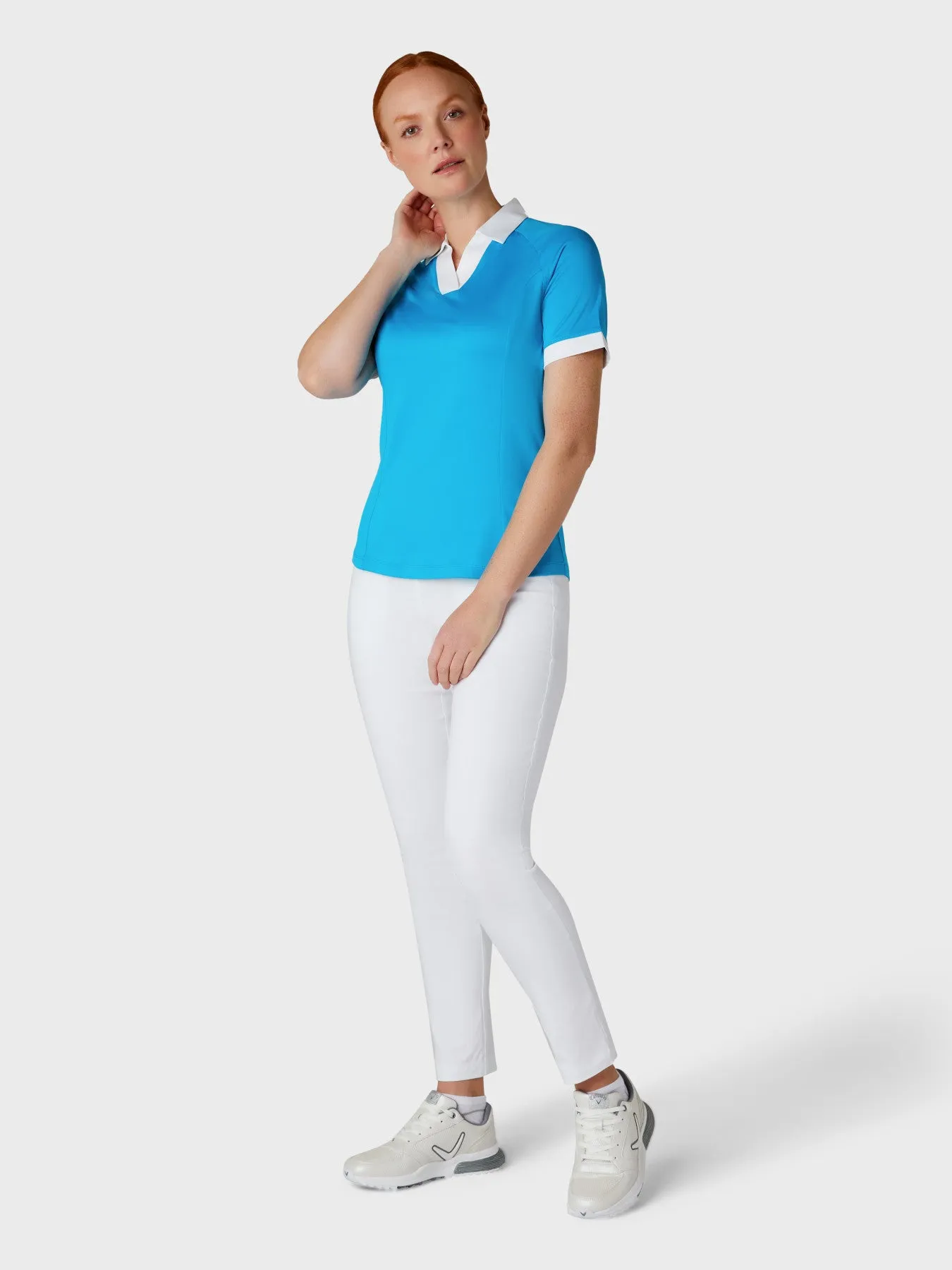 Women's V-Placket Colourblock Polo Top In Vivid Blue