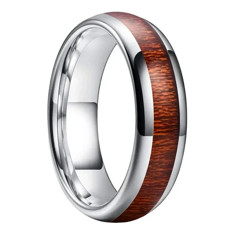 Wood Dome & Silver Tungsten Wedding Ring (6mm)